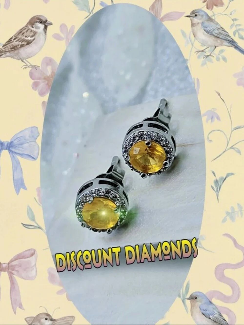 Dainty Round Yellow Sapphire & Clear White Baguette Diamond Earrings on 925